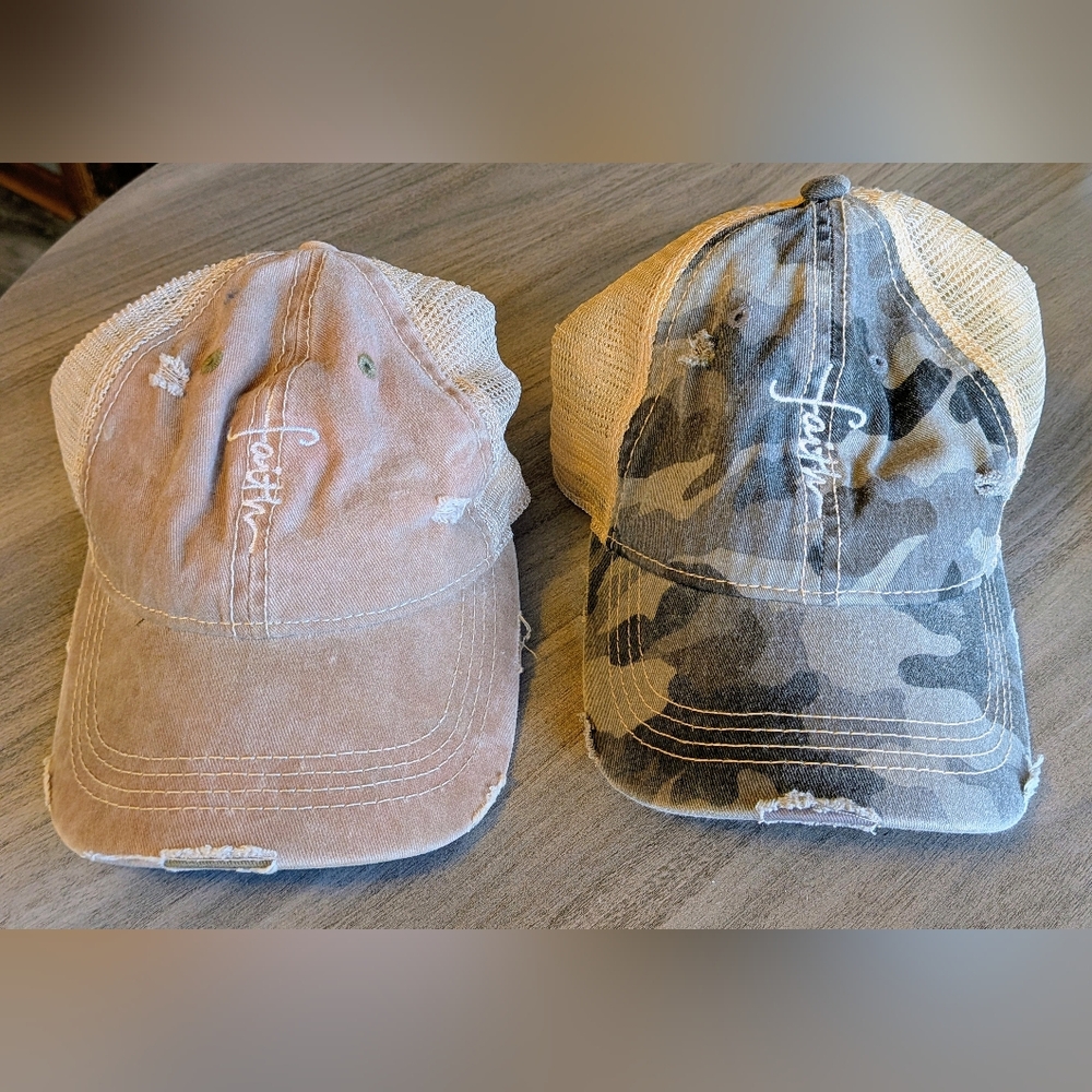 CC Boutique 'Faith' Women's Distressed Trucker Hat - Beige and Camo